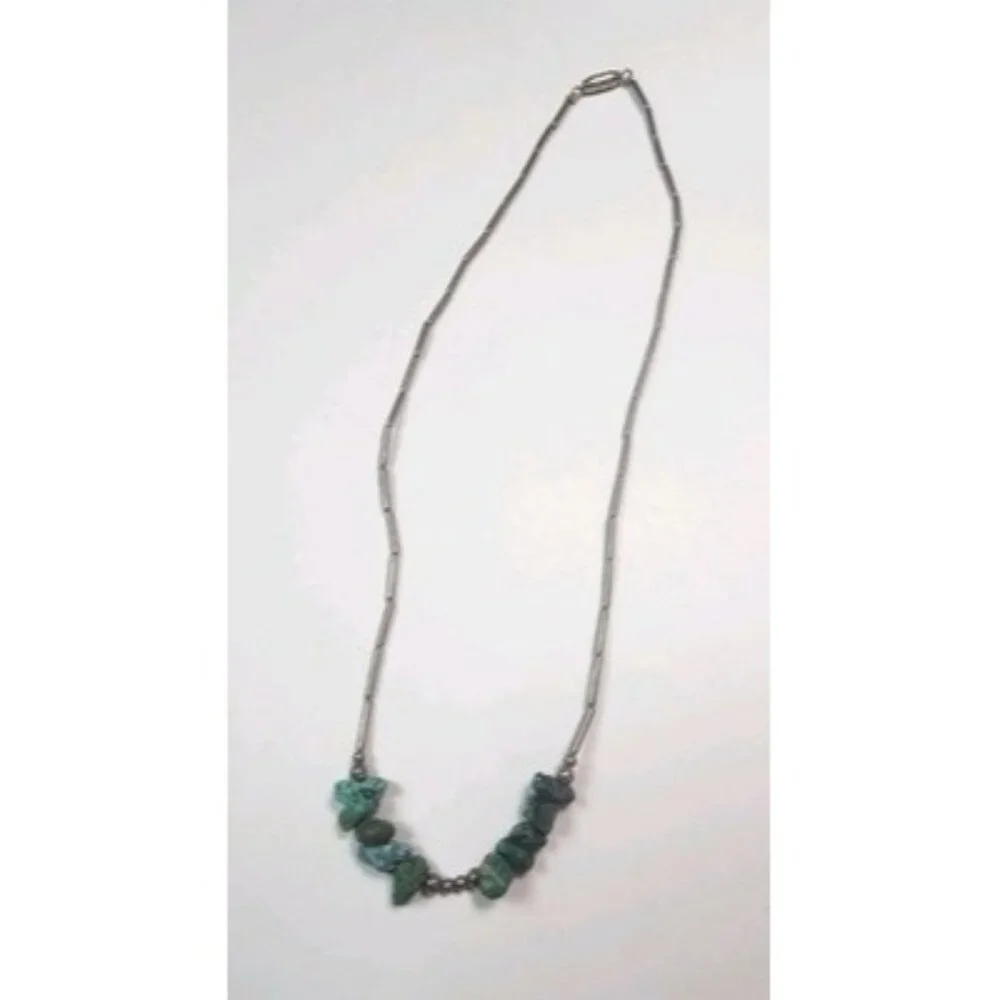 Vintage Native American Indian Liquid silver w/10 turquoise stones‎ necklace 17